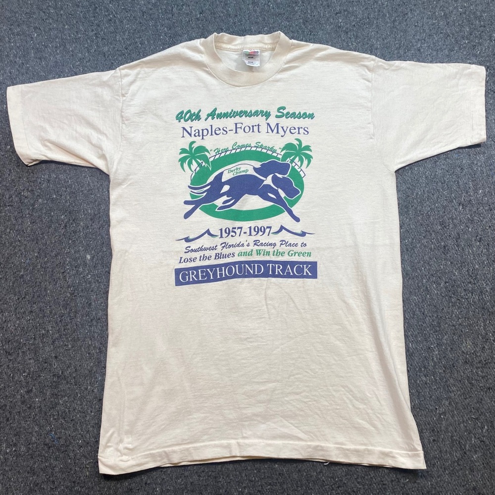 Naples Fort Myers Greyhound Track TShirt Sz L Mens Cream 90s Florida Racing 1997